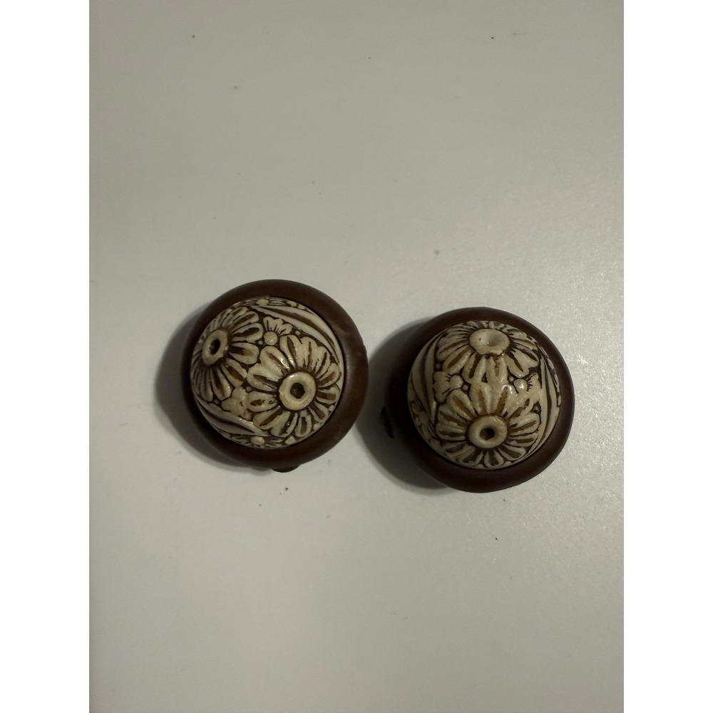 Vintage West Germany Carved Floral Clip On Earrings Brown Cream Boho Mid Century